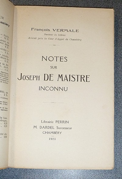 Notes sur Joseph de Maistre Inconnu