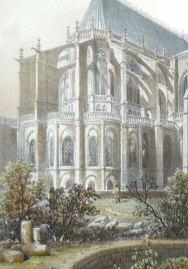 Église de l'Abbaye de St Denis (abside de la façade septentrionale) (Lithographie aquarellée)