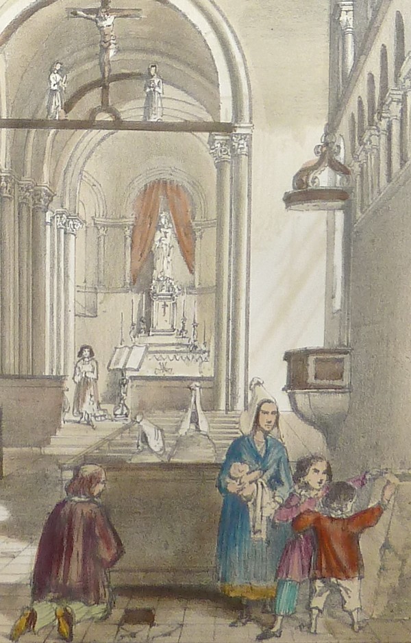 Interieur de l'Église d'Autheuil (Lithographie aquarellée)