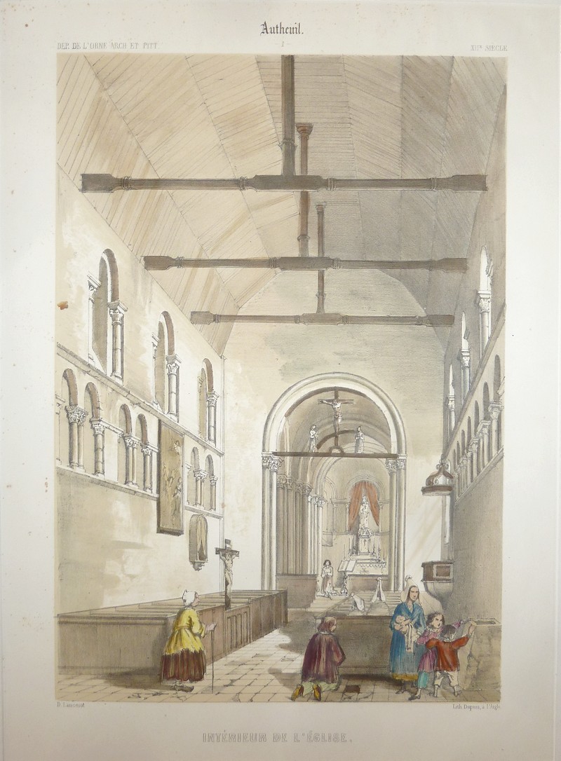 Interieur de l'Église d'Autheuil (Lithographie aquarellée)