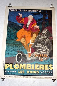 Affiche - Entérites - Rumatismes guéris à Plombières les Bains, Vosges, à 6 heures de Paris (voitures directes). 1931