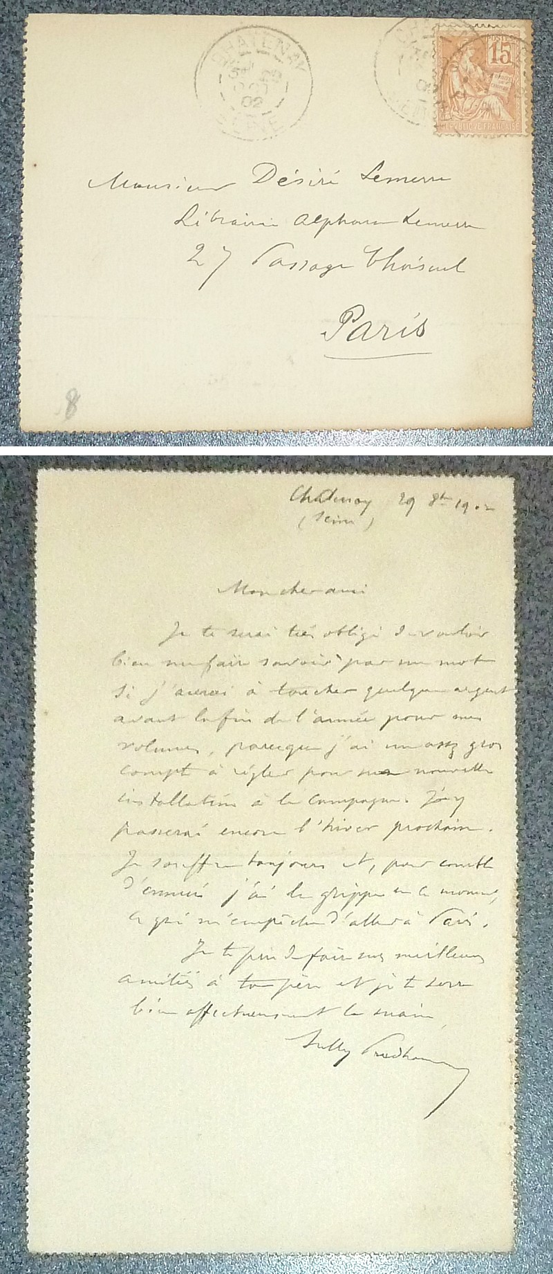Stances et poëmes (1865-1866) (L'un des vingt sur Chine - lettre autographe signée de l'auteur adressée à son éditeur D. Lemerre - reliure signée)