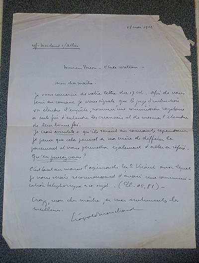 Lettre autographe signée et datée du 18 mai 1922