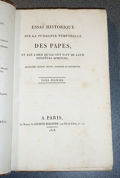 Essai Historique sur la Puissance temporelle des Papes et sur l'abus qu'ils ont fait de leur Ministère spirituel (2 volumes, 1818)