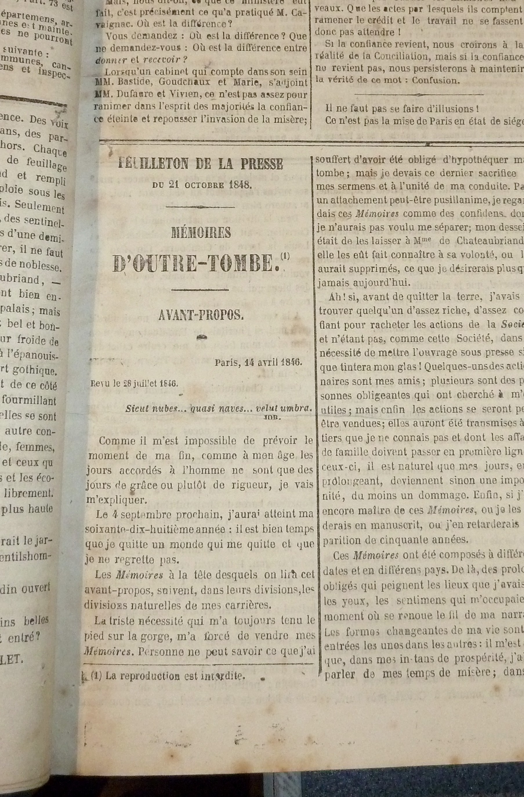 Mémoires d'Outre-Tombe. Publiés en feuilleton dans « La Presse » de 1848 à 1850. Véritable pré-édition originale