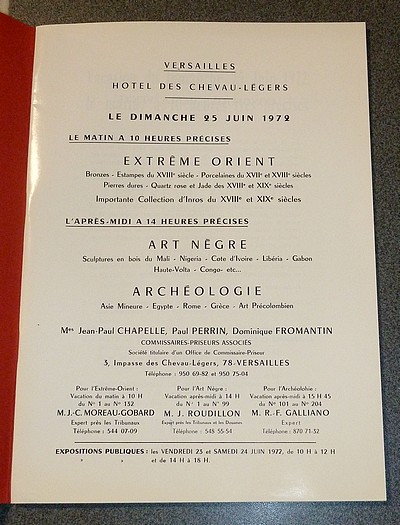 Extrême-Orient & Art Nègre et Archéologie. Versailles, Hôtel des Chevau-Légers, dimanche 25 juin 1972