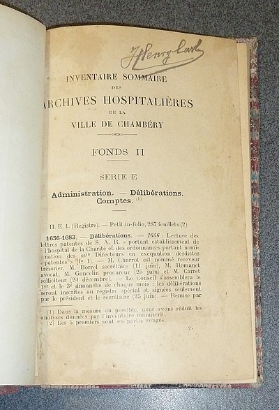 Inventaire sommaire des Archives hospitalières de la ville de Chambéry - Fonds II - Série E, F, G