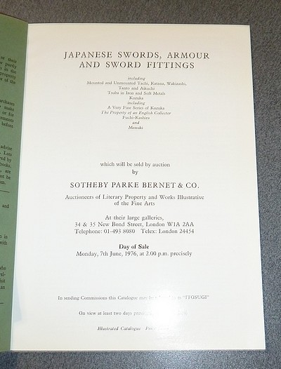 Catalogue of Japanese swords, armour and sword fittings. The property of various owners. Day of sale, Monday, 7 th June, 1976