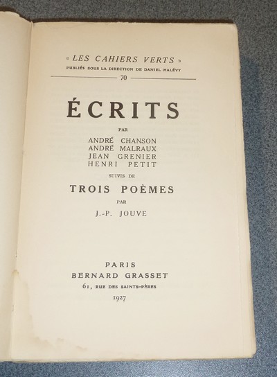 Écrits, suivis de, Trois poèmes par P.-J. Jouve
