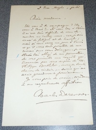 Lettre autographe signée de Charles Derennes