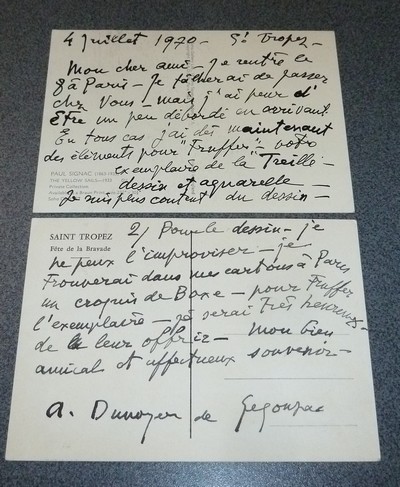 Courrier en continu sur deux cartes postales signé par Dunoyer de Segonzac en date 4 juillet 1970 (lettre)