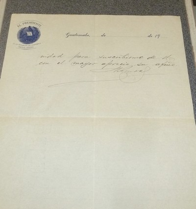 Lettre autographe datée du 7 octobre 1910 et signée par Estrada Cabrera, Président de la République du Guatemala