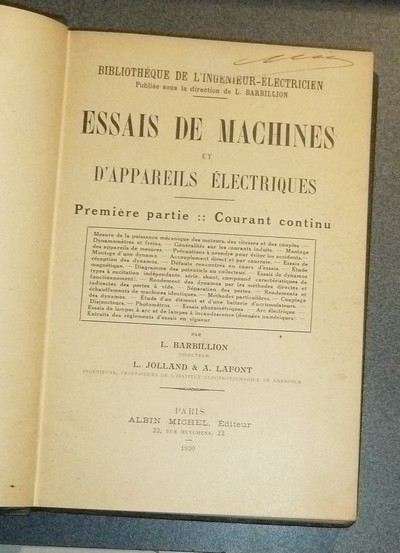 Essais de Machines et d'appareils électriques (2 volumes). Courant continu - Courants alternatifs