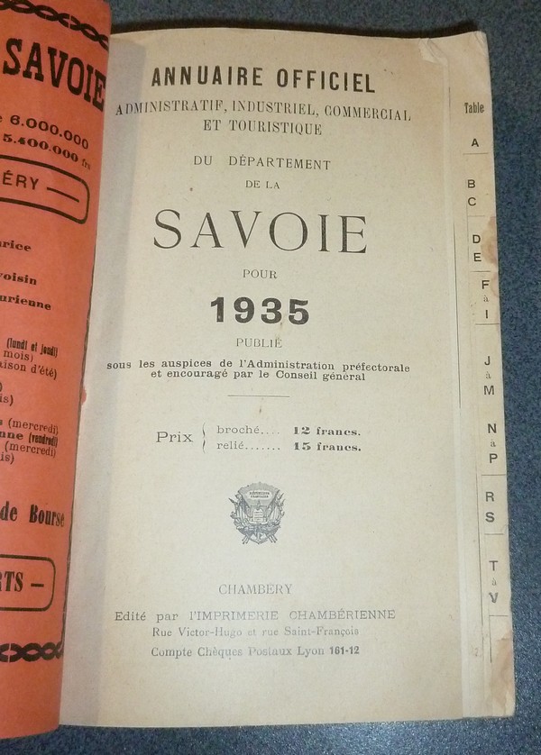Annuaire officiel, (de Savoie) Administratif, industriel, Commercial et Touristique du Département de la Savoie pour 1935