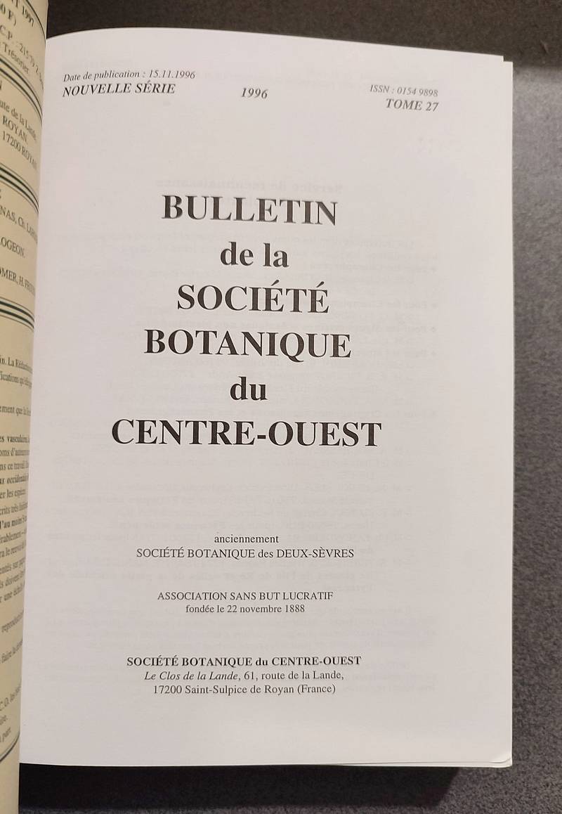 Bulletin de la société botanique du Centre-ouest, Tome 27 - 1996