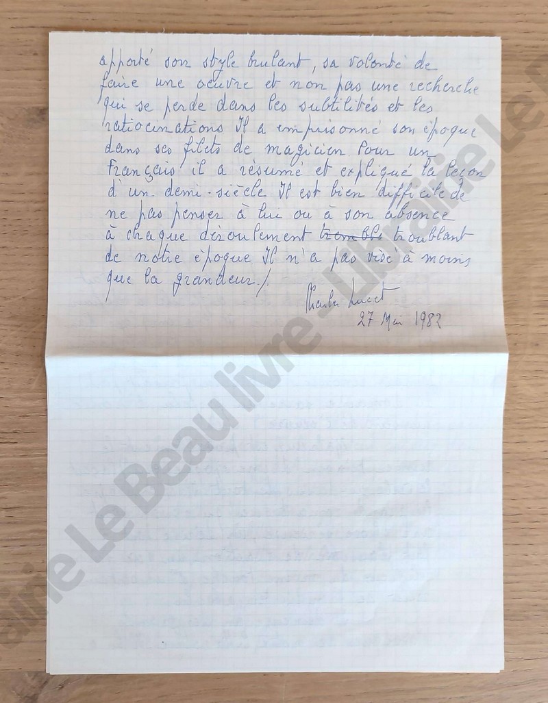 Lettre autographe signée de Charles Lucet, Ancien ambassadeur de France avec texte autographe de 6 pages sur André Malraux