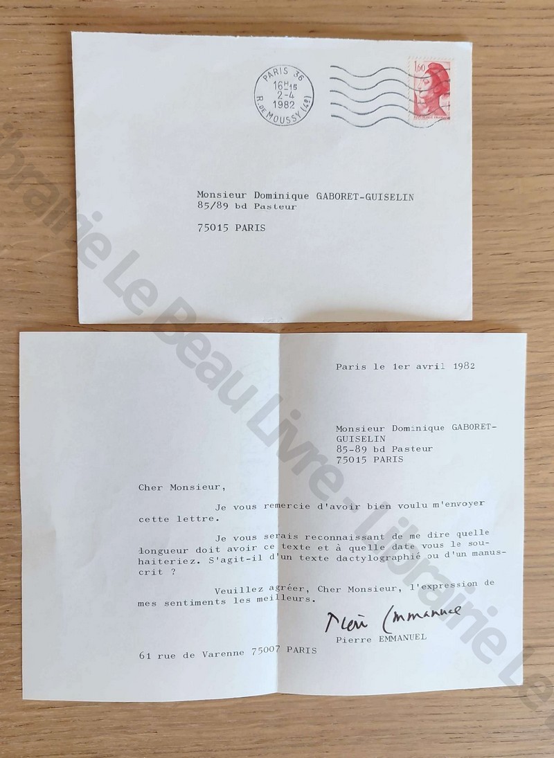 Lettre tapuscrite de 5 lignes signée de Pierre Emmanuel en date du 1er avril 1982