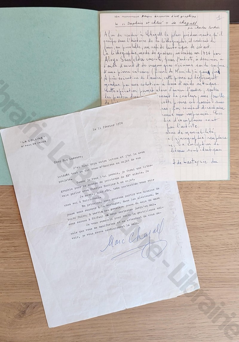 Lettre tapuscrite de Marc Chagall signature manuscrite en date du 11 février 1970 suivi d'un manuscrit de 11 pages signé de Charles Sorlier « Le...