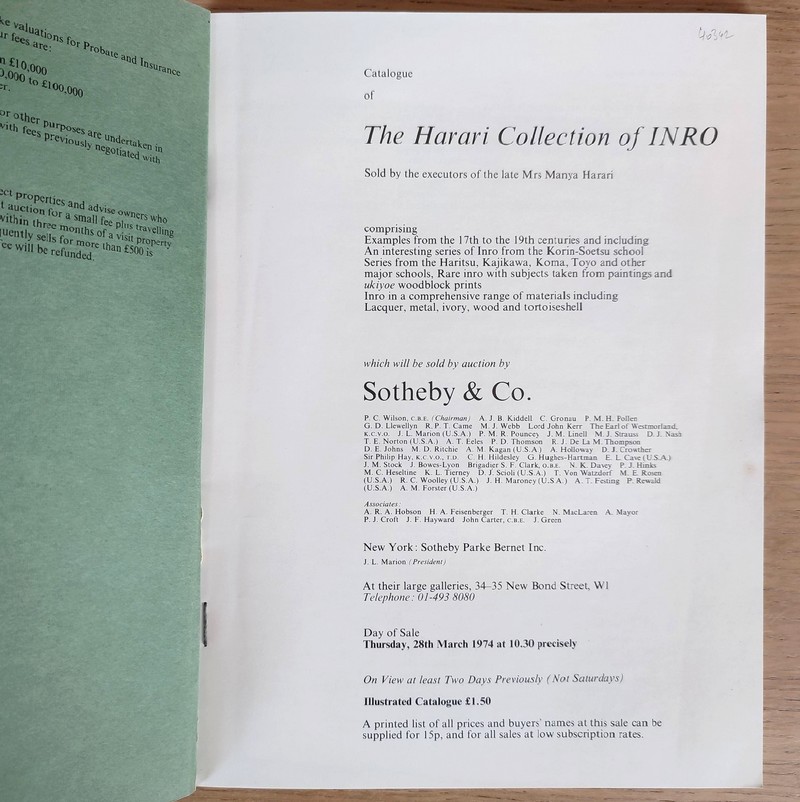 Catalogue of The Harari collection of Inro. Sotheby's, 28th March, 1974