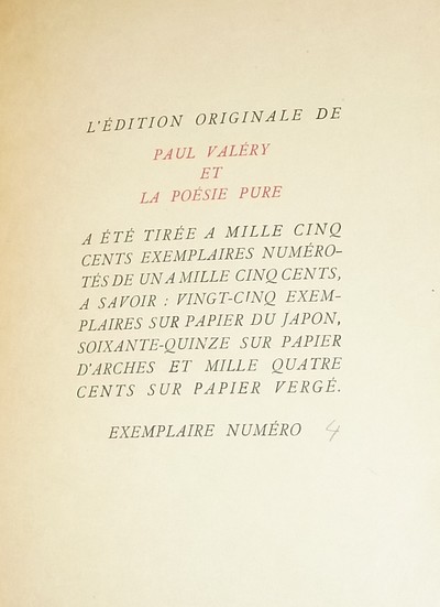 Paul Valéry et la poésie pure (édition originale sur papier Japon)