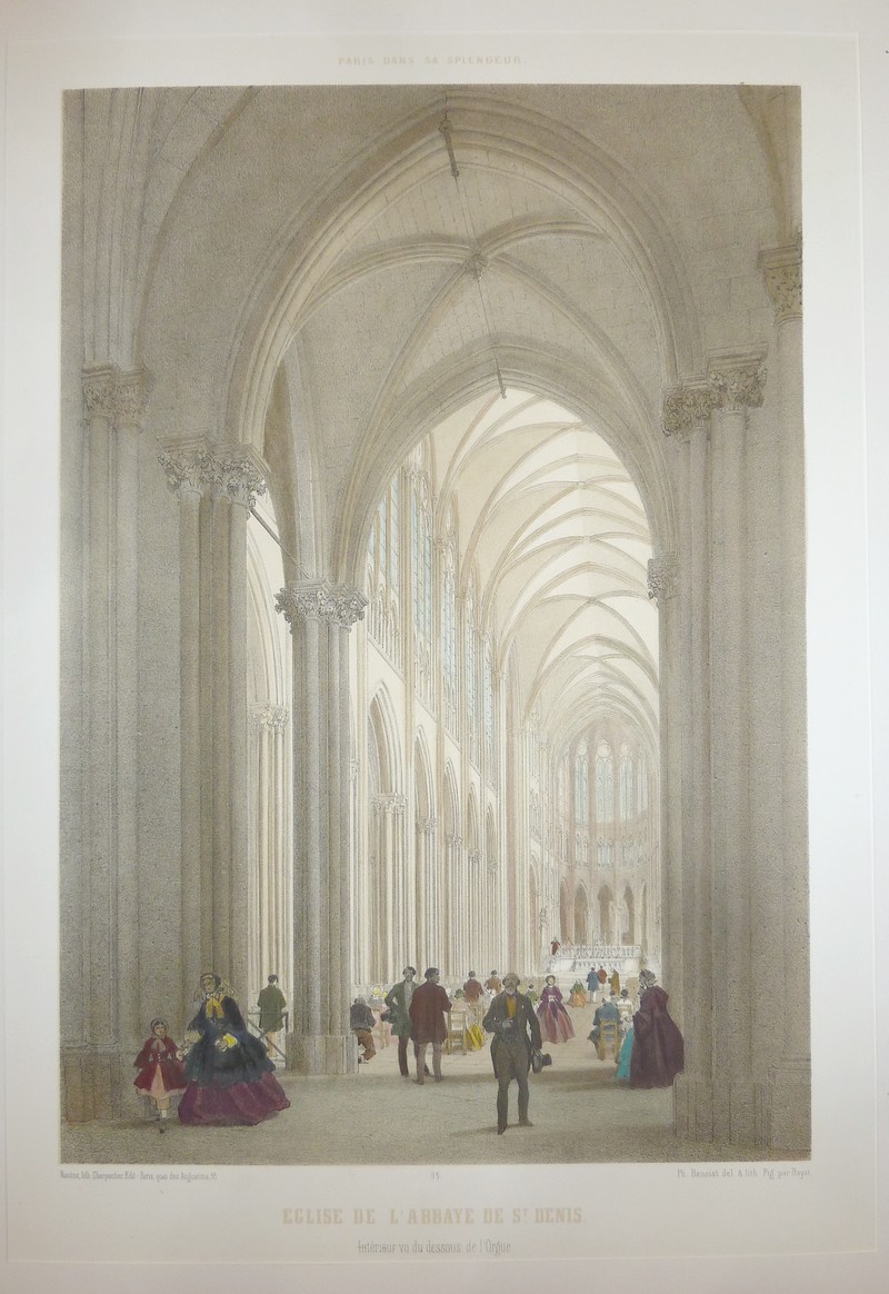 Église de l'Abbaye de St Denis, intérieur vu de dessous l'orgue (lithographie aquarellée)