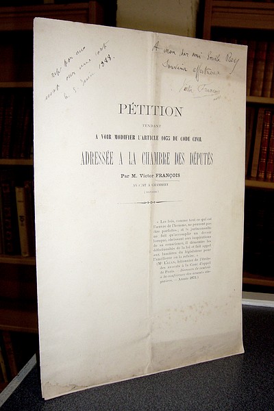 Pétition tendant à voir modifier l'article 1033 du Code Civil, adressée à la Chambre des Députés - Victor François, Avocat à Chambéry 