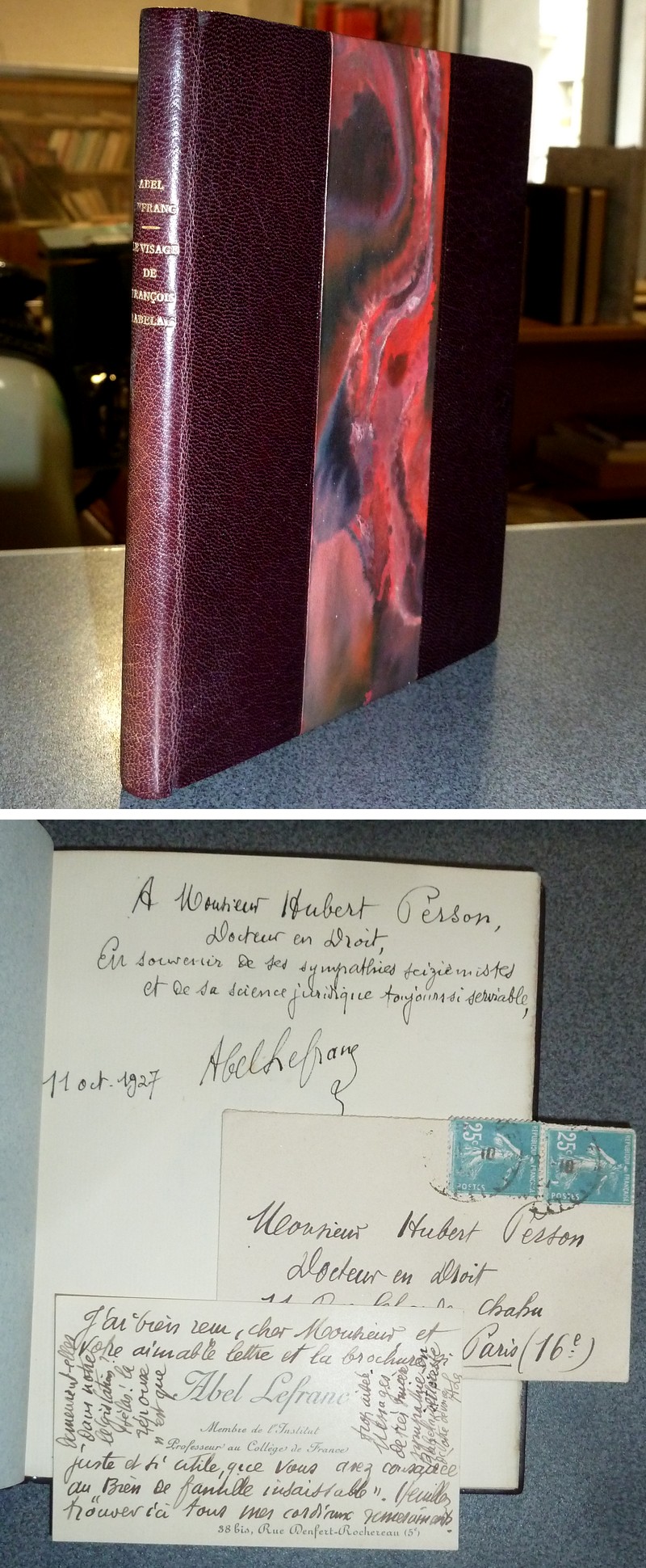 livre ancien - Le visage de François Rabelais (avec une lettre autographe signée de l'auteur et une reliure en maroquin signée) - Lefranc, Abel
