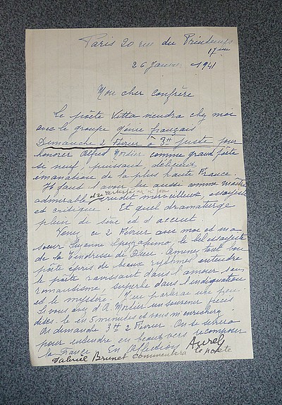 Lettre autographe signée et datée de janvier 1941