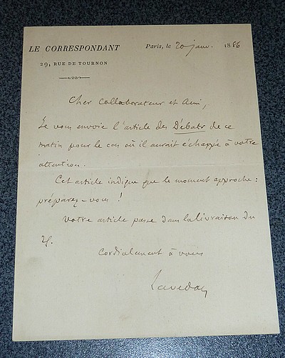 Lettre autographe signée, datée du 20 janvier 1886, à l'entête du journal « Le Correspondant » - Lavedan Henri