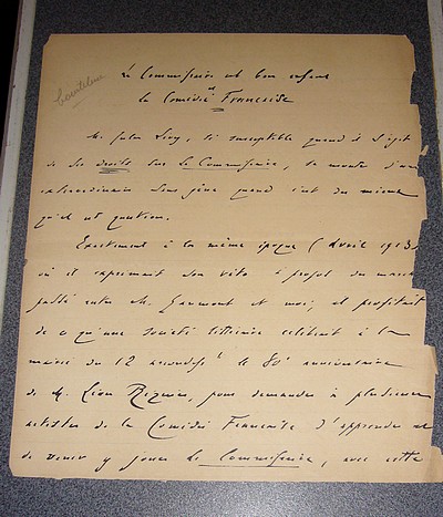 livre ancien - Lettre - 2 Pages manuscrites ayant pour titre « Le commissaire est bon enfant - La Comédie française » - Georges Courteline (Georges Victor Marcel Moinaux ou Moineau)