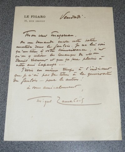 Lettre autographe signée de Miguel Zamacoïs - Zamacoïs, Miguel