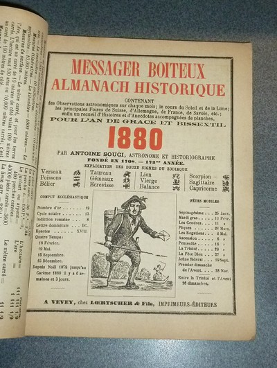 Le Véritable Messager Boiteux de Berne et Vevey, pour l'An de grâce 1880. Almanach historique. 173e année