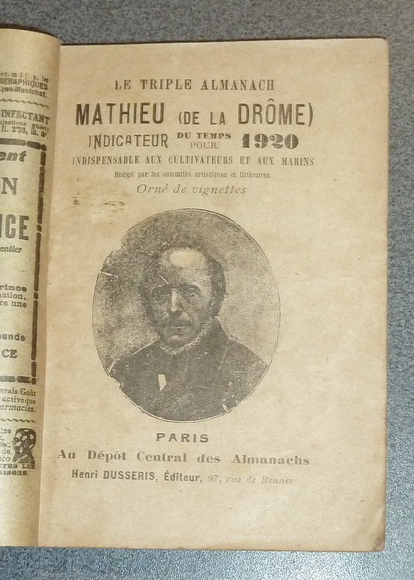 Le Triple Almanach Mathieu (de la Drôme). Indicateur du temps pour 1920. Indispensable aux cultivateurs et aux marins