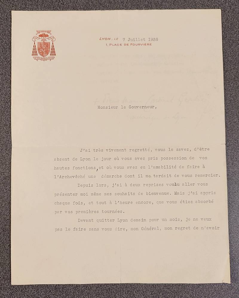 livre ancien - Lettre tapuscrite signée du 7 juillet 1938 adressée au Général Touchon - Gerlier (Cardinal, Archevêque de Lyon et Primat des Gaules), Pierre
