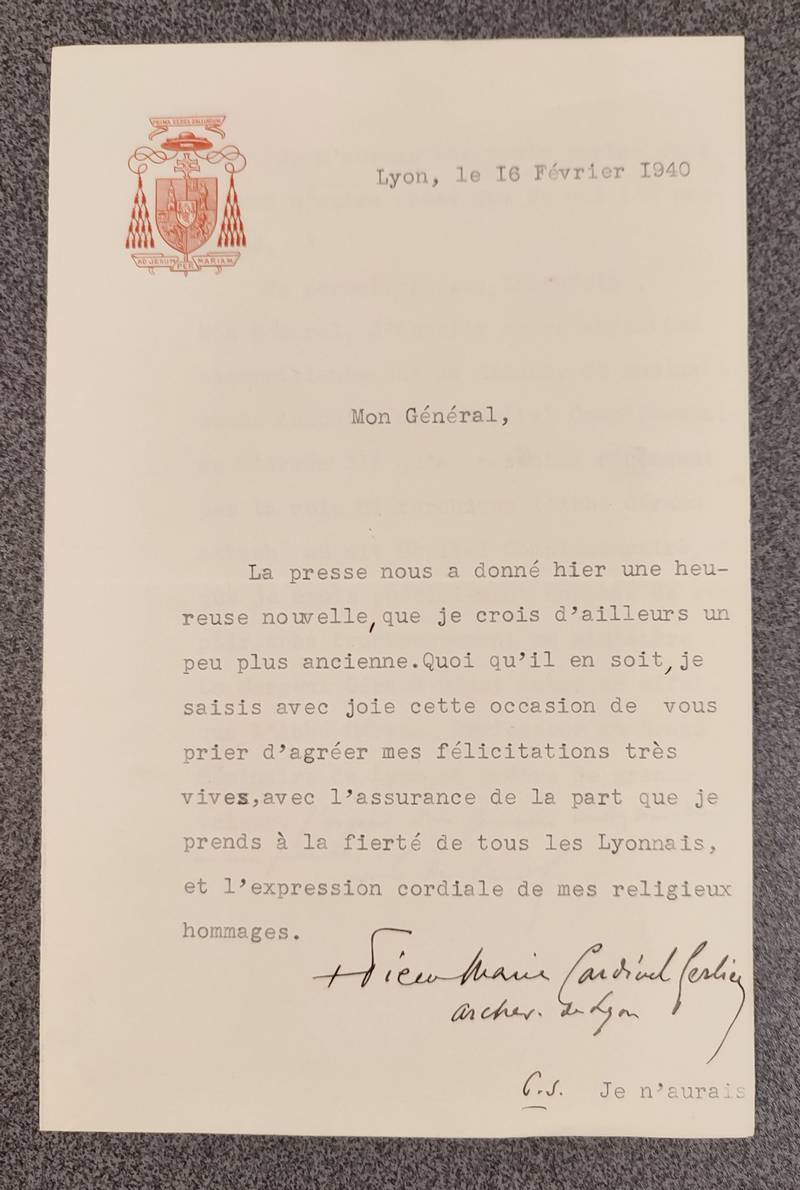 livre ancien - Lettre tapuscrite signée du 16 février 1940 adressée au Général Touchon - Gerlier (Cardinal, Archevêque de Lyon et Primat des Gaules, Pierre