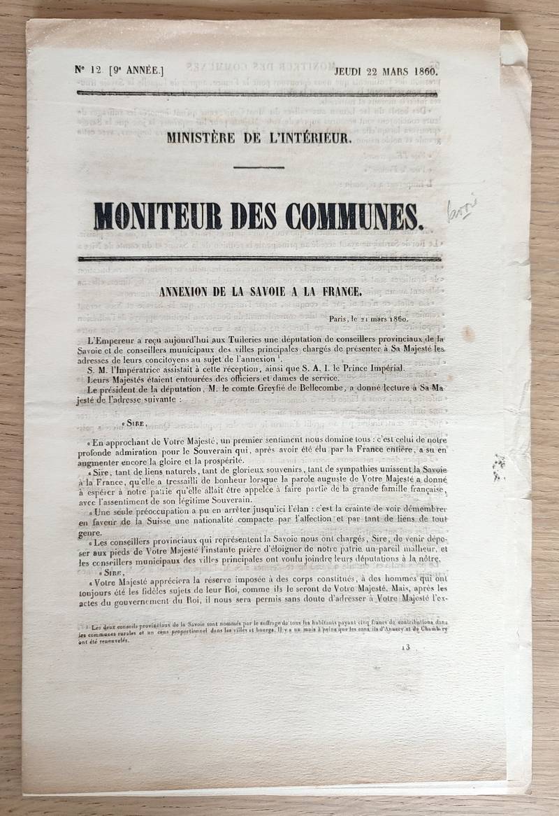 Moniteur des communes. 5 fascicules sur l'annexion de la Savoie à la France. N° 12, 22 mars 1860 - N° 14, 5 avril 1860 - N° 15, 12 avril 1860 - N° 16, 19 avril 1860 - N° 27, 5 juillet 1860