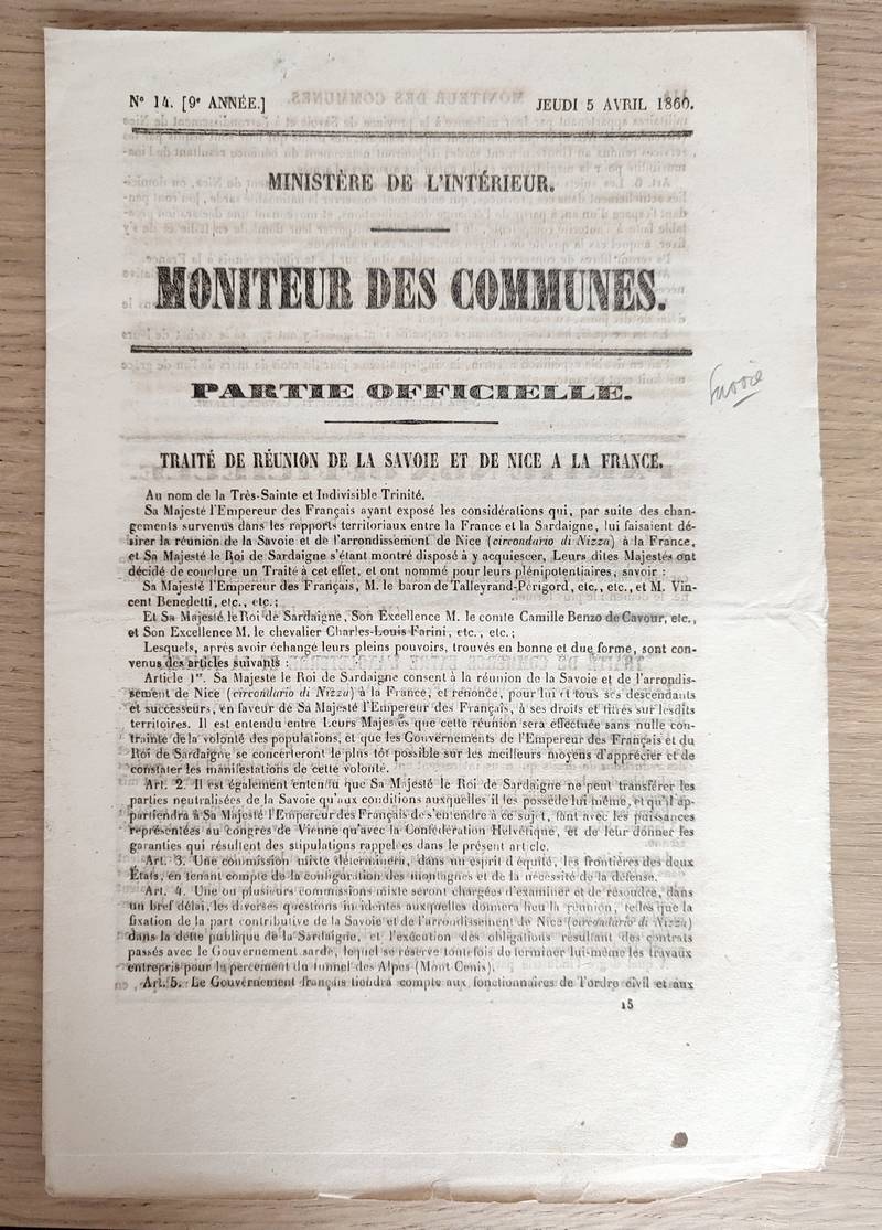 Moniteur des communes. 5 fascicules sur l'annexion de la Savoie à la France. N° 12, 22 mars 1860 - N° 14, 5 avril 1860 - N° 15, 12 avril 1860 - N° 16, 19 avril 1860 - N° 27, 5 juillet 1860