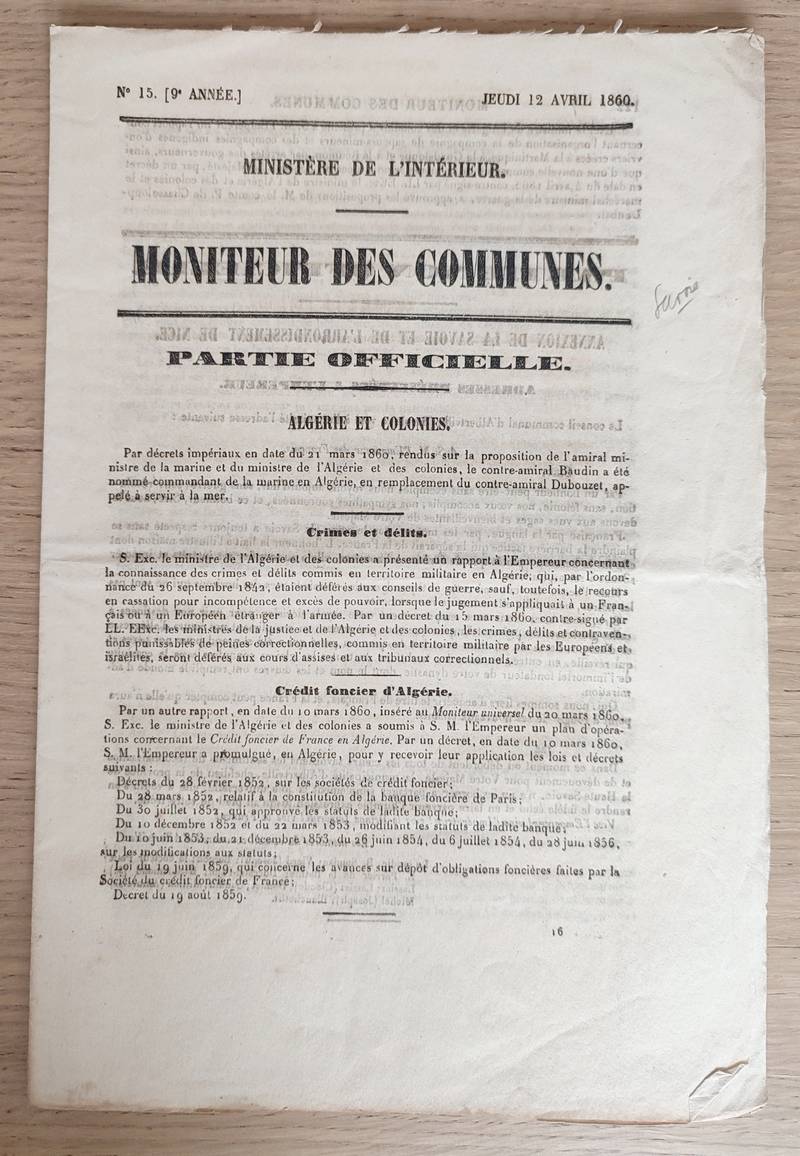 Moniteur des communes. 5 fascicules sur l'annexion de la Savoie à la France. N° 12, 22 mars 1860 - N° 14, 5 avril 1860 - N° 15, 12 avril 1860 - N° 16, 19 avril 1860 - N° 27, 5 juillet 1860