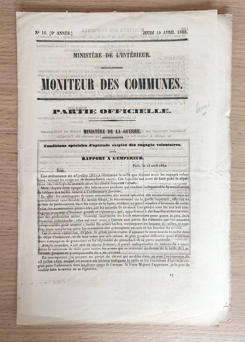 Moniteur des communes. 5 fascicules sur l'annexion de la Savoie à la France. N° 12, 22 mars 1860 - N° 14, 5 avril 1860 - N° 15, 12 avril 1860 - N° 16, 19 avril 1860 - N° 27, 5 juillet 1860