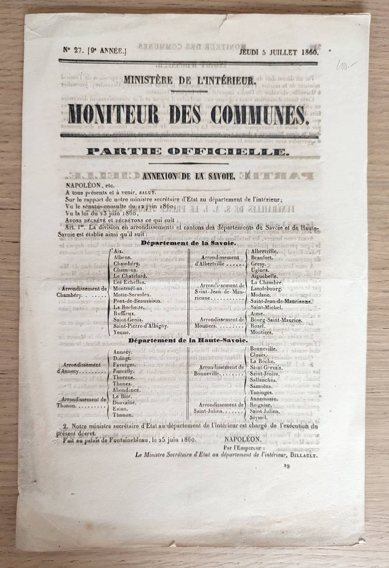 Moniteur des communes. 5 fascicules sur l'annexion de la Savoie à la France. N° 12, 22 mars 1860 - N° 14, 5 avril 1860 - N° 15, 12 avril 1860 - N° 16, 19 avril 1860 - N° 27, 5 juillet 1860