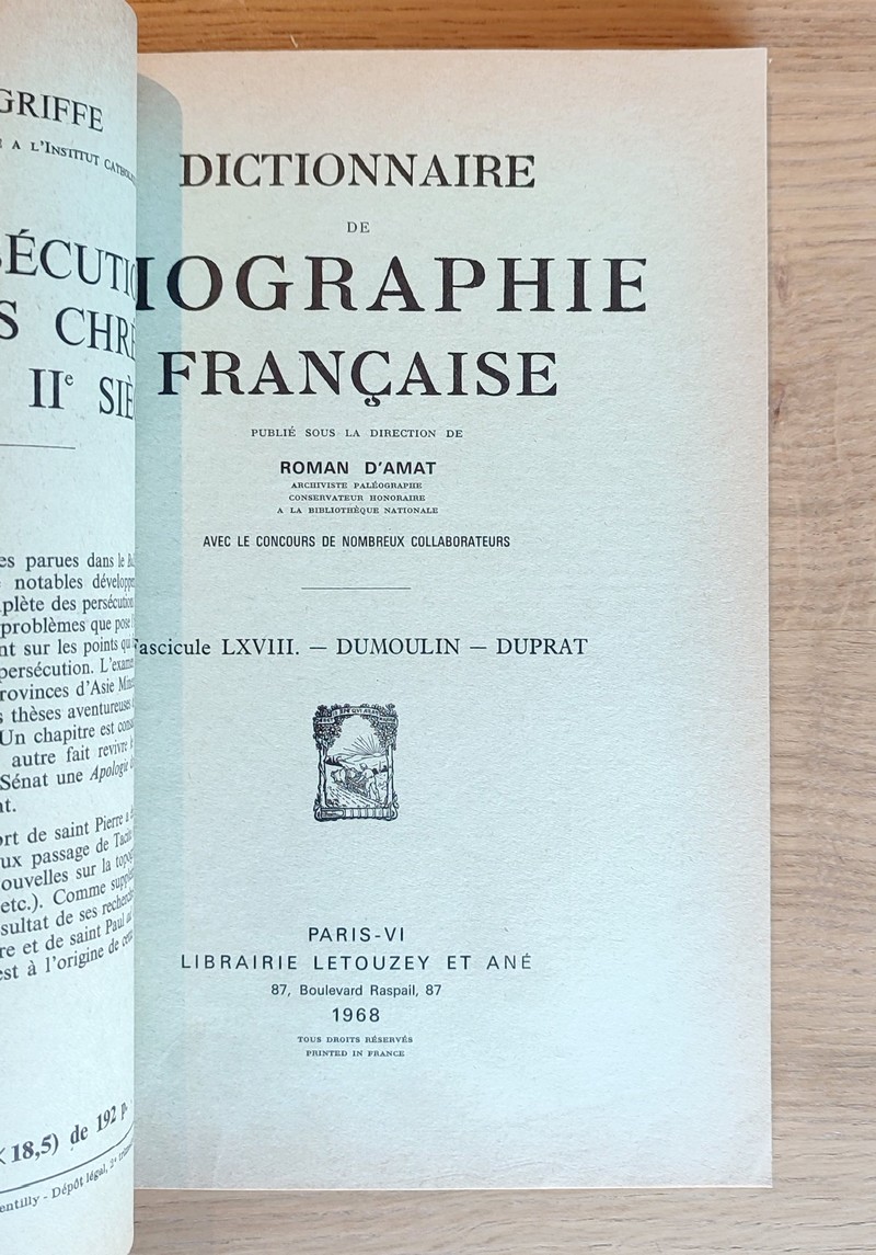 Dictionnaire de biographie française. Fascicules LXIX - XLIII - LXVII