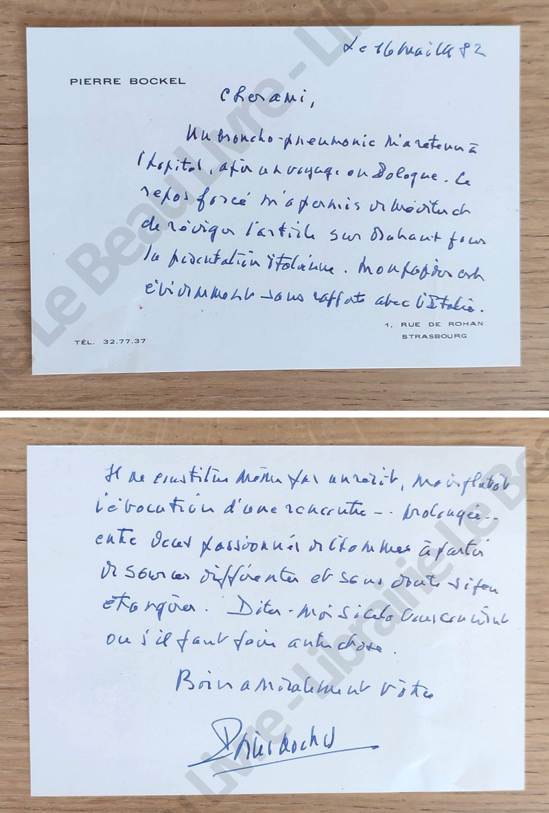 Lettre autographe signée de Pierre Bockel en date 16 mai 1982 avec un manuscrit typographe de 6 pages sur Malraux « L'agnostique et le prêtre »