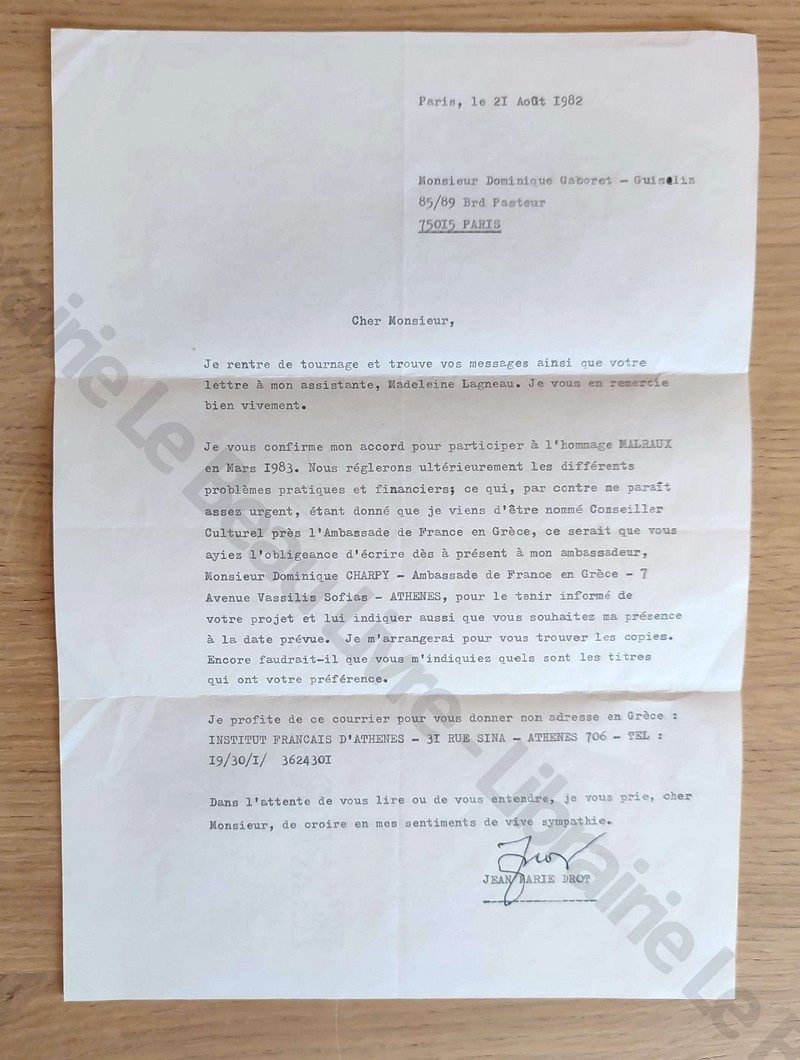 Deux lettres tapuscrites signée de Jean-Marie Drot en date 21 août 1982 et 15 octobre 1982, suivi d'un texte tapuscrit de 2 feuilles A4 « Une métaphysique de l'art »