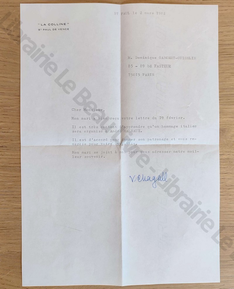 Deux lettres tapuscrites signées par Valentina Chagall en date de mars 1982, suivi d'un texte tapuscrit de Marc Chagall sur Malraux