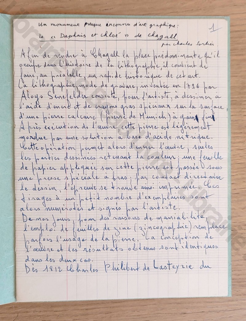 Lettre tapuscrite de Marc Chagall signature manuscrite en date du 11 février 1970 suivi d'un manuscrit de 11 pages signé de Charles Sorlier « Le Daphnis et Cloé de Chagall »