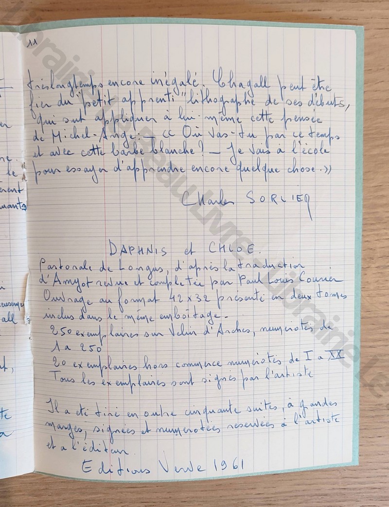 Lettre tapuscrite de Marc Chagall signature manuscrite en date du 11 février 1970 suivi d'un manuscrit de 11 pages signé de Charles Sorlier « Le Daphnis et Cloé de Chagall »