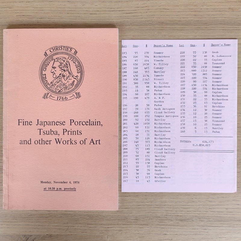 Fine Japanese Porcelain, swords, Tsuba, Prints, bronzes and other works of art. Christie's, on November 4, 1974