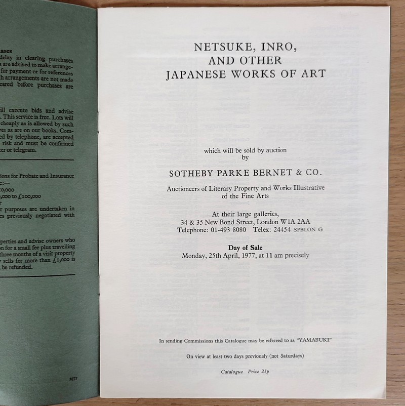 Catalogue of netsuke, inro, and other japanese works of art. Sotheby's, 25 th april, 1977