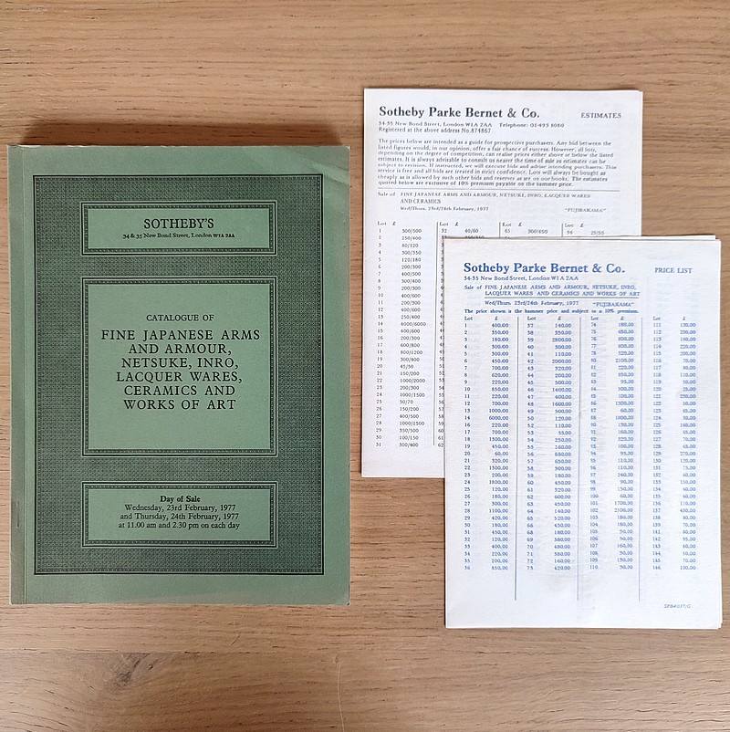 Catalogue of fine japanese arms and armour, netsuke, inro, lacquer wares, ceramics and works of art. Sotheby's, 23 and 24 th february, 1977