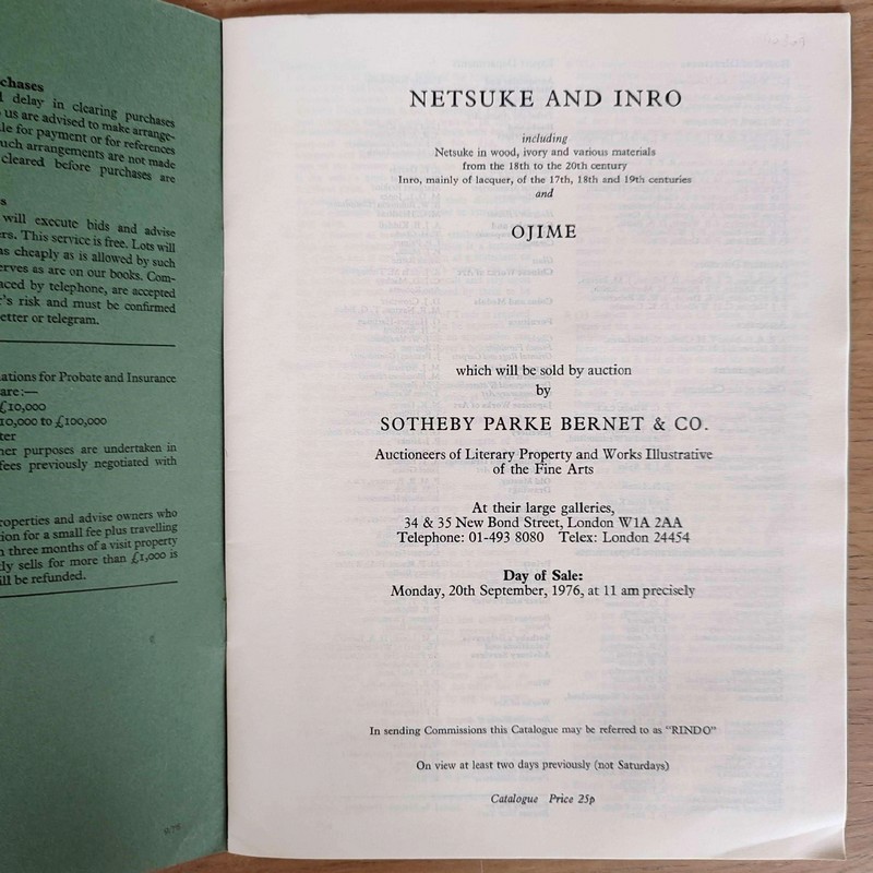 Catalogue of Netsuke and inro. Sotheby's, 20th september, 1976